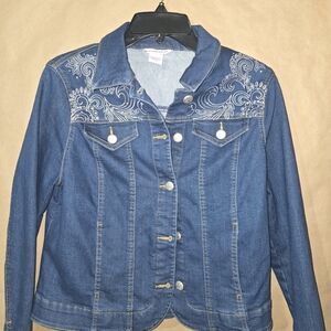 Allison Daley Blue Jean Jacket with White Embroidery